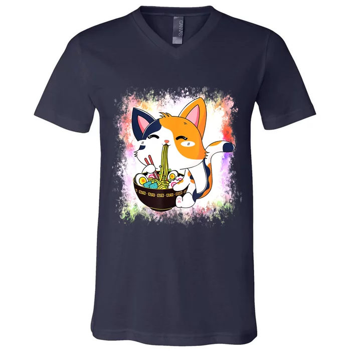 Ramen Cat Kawaii Anime Japanese Teen Girls V-Neck T-Shirt