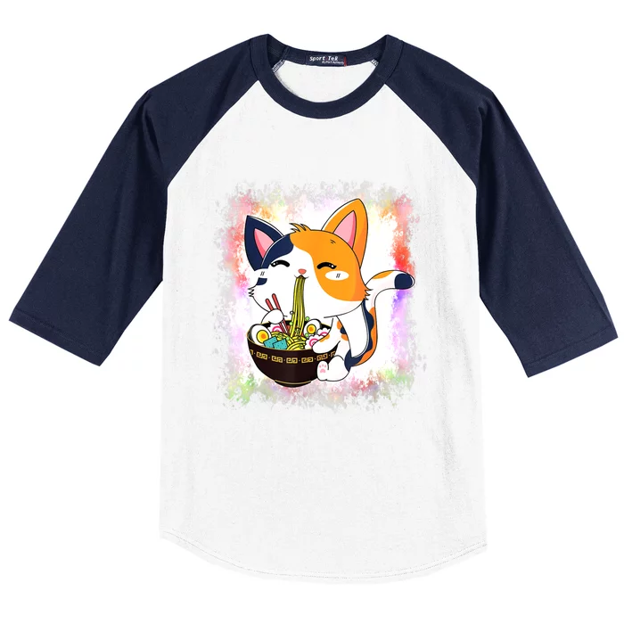 Ramen Cat Kawaii Anime Japanese Teen Girls Baseball Sleeve Shirt