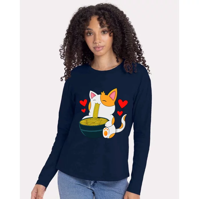 Ramen Cat Kawaii Anime Japanese Kawaii Cat Valentines Day Womens Cotton Relaxed Long Sleeve T-Shirt