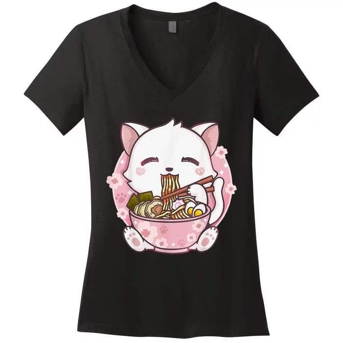 Ra Cat Kawaii Anime Japanese Food Girls Official Teenager Women's V-Neck T-Shirt