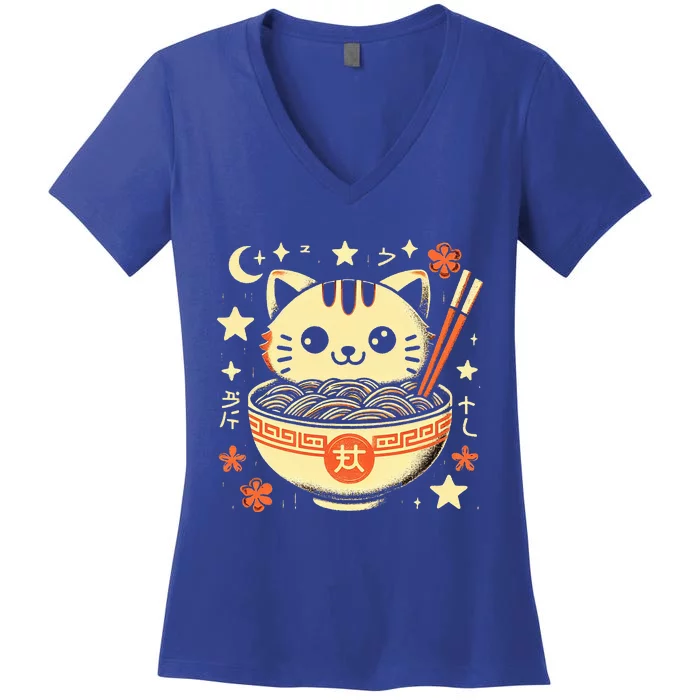 Ra Cat Kawaii Neko Japanese Noodles Aesthetic Otaku Lover Women's V-Neck T-Shirt