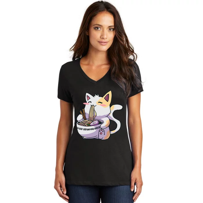 Ra Cat Kawaii Anime Japanese Kawaii Neko Women's V-Neck T-Shirt