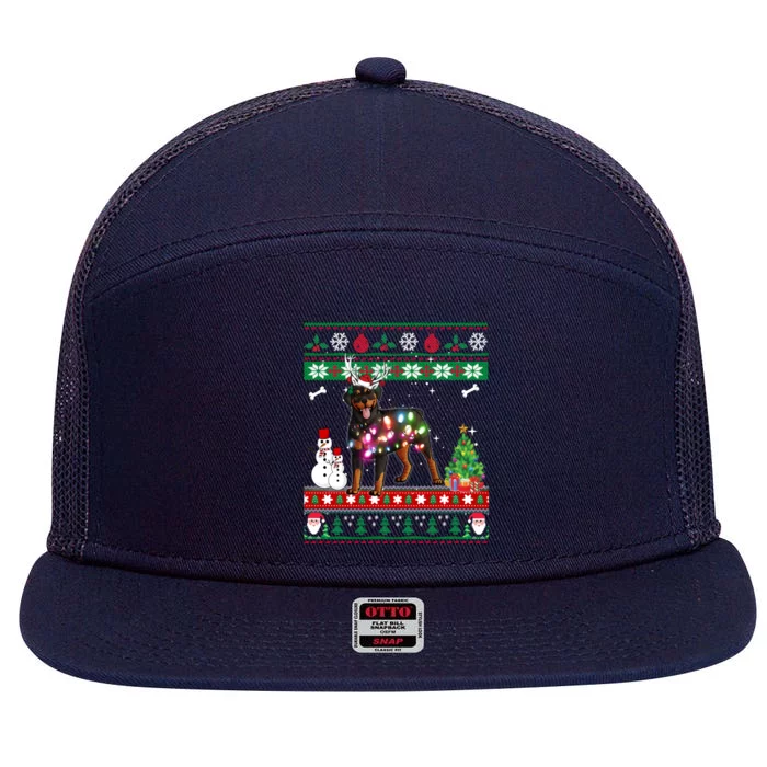 Rottweiler Christmas Lights Funny Xmas Dog Gift 7 Panel Mesh Trucker Snapback Hat