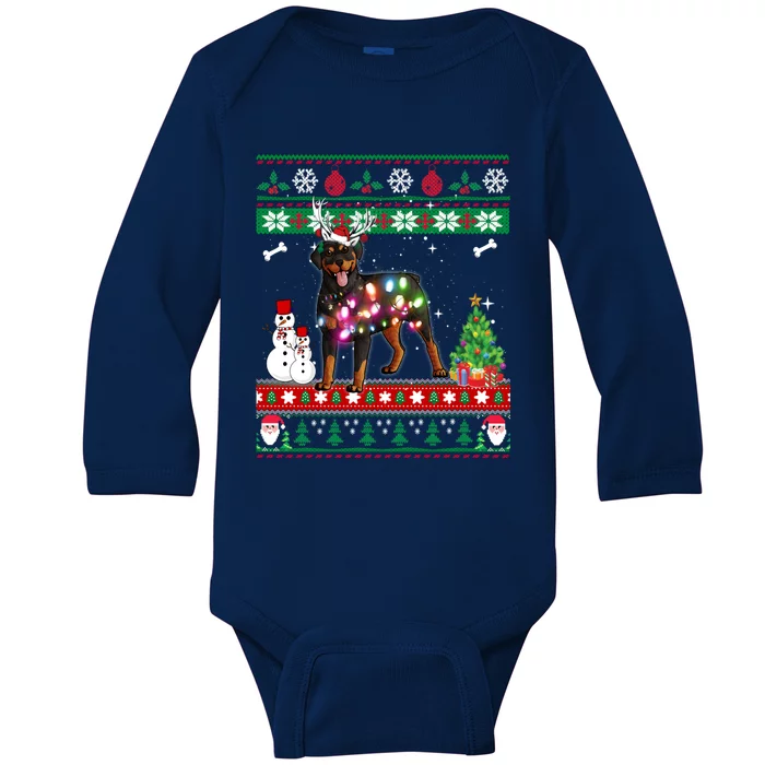 Rottweiler Christmas Lights Funny Xmas Dog Gift Baby Long Sleeve Bodysuit