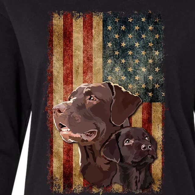 Retro Chocolate Lab With Usa Flag Gift Chocolate Lab Dad Mom Womens Cotton Relaxed Long Sleeve T-Shirt