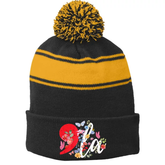 Retro Comma La Floral Kamala Flowers Boho Aesthetic Stripe Pom Pom Beanie