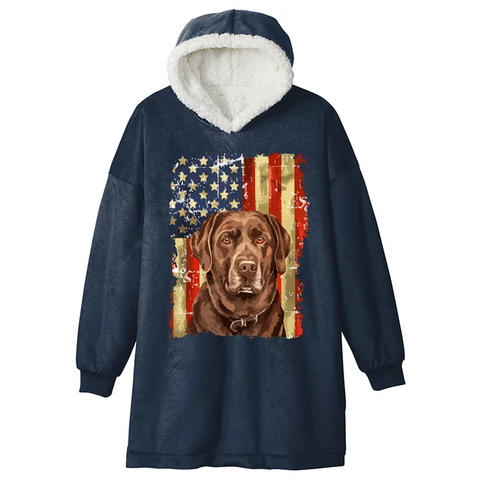 Retro Chocolate Lab With Usa Flag Gift Chocolate Lab Dad Mom Hooded Wearable Blanket