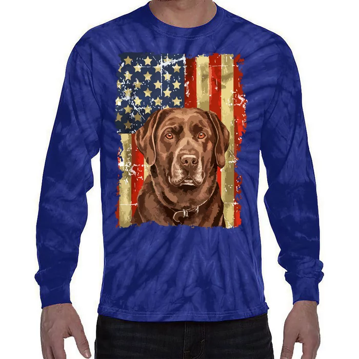 Retro Chocolate Lab With Usa Flag Gift Chocolate Lab Dad Mom Tie-Dye Long Sleeve Shirt