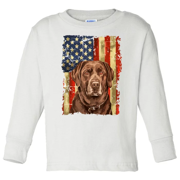 Retro Chocolate Lab With Usa Flag Gift Chocolate Lab Dad Mom Toddler Long Sleeve Shirt