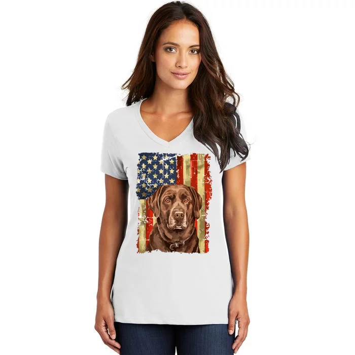 Retro Chocolate Lab With Usa Flag Gift Chocolate Lab Dad Mom Women's V-Neck T-Shirt