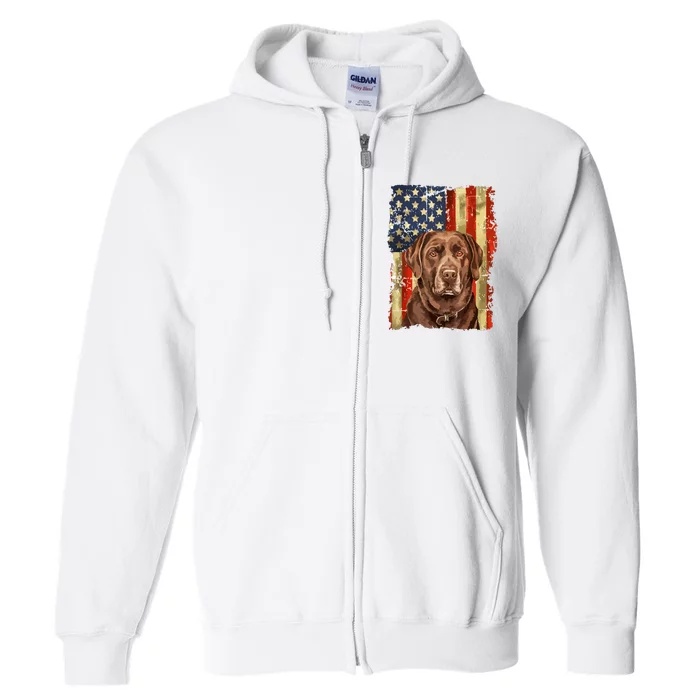 Retro Chocolate Lab With Usa Flag Gift Chocolate Lab Dad Mom Full Zip Hoodie