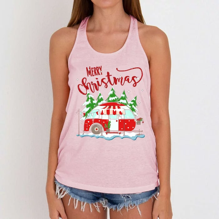 Rvs Camping Merry Christmas Funny Camper Tree Xmas Snow Funny Gift Women's Knotted Racerback Tank