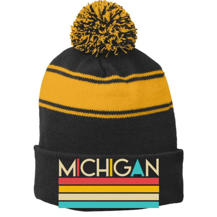 Retro Colors Michigan Stripe Pom Pom Beanie