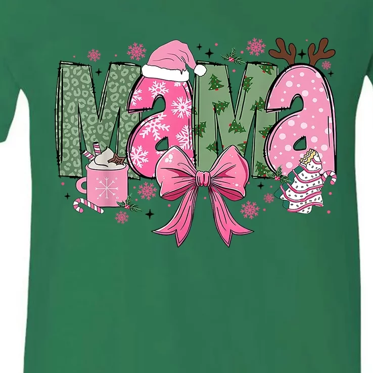 Retro Christmas Mama Coquette Bows Mom Mother Xmas Pajamas Gift V-Neck T-Shirt