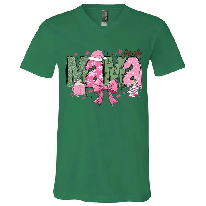 Retro Christmas Mama Coquette Bows Mom Mother Xmas Pajamas Gift V-Neck T-Shirt