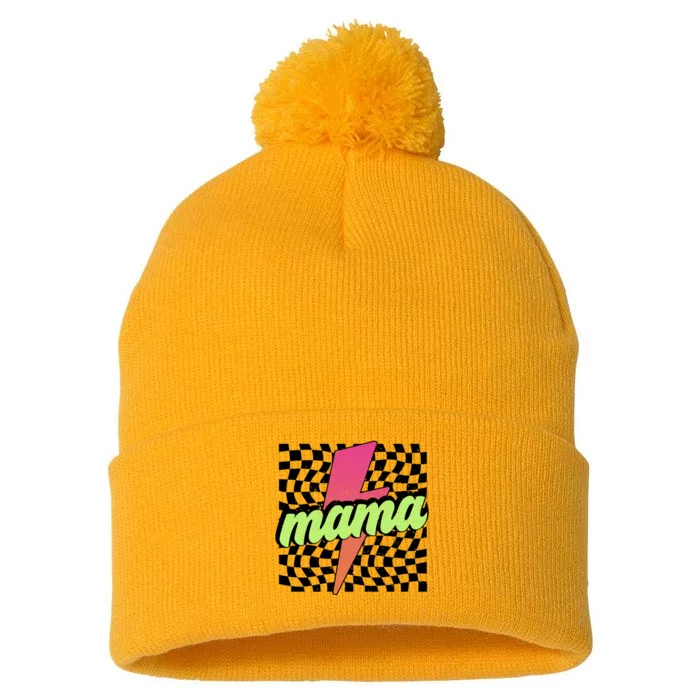 Retro Checkered Mama Pom Pom 12in Knit Beanie