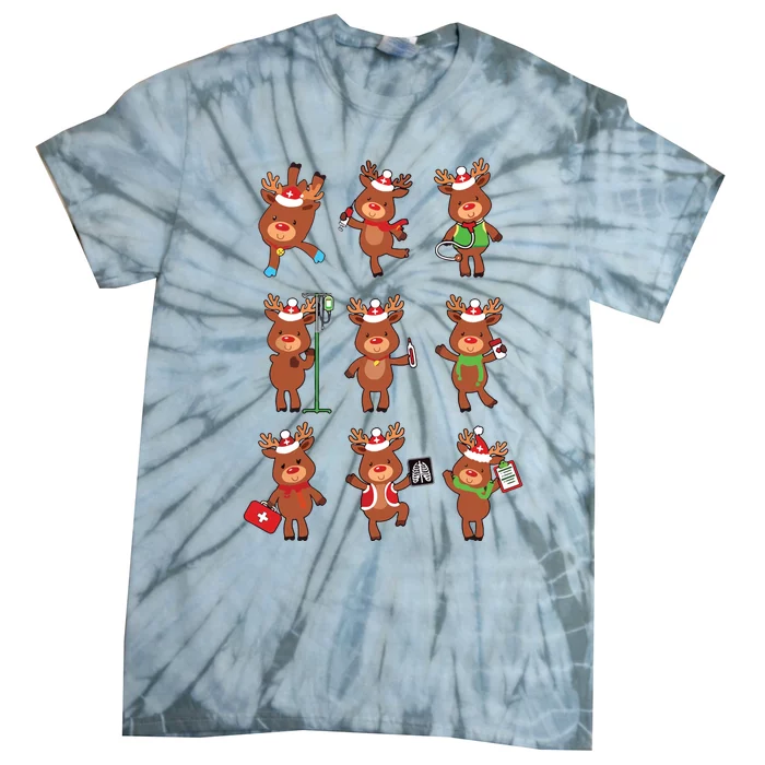 Retro Christmas Nurse Reindeers Xmas Team Group Winter Women Tie-Dye T-Shirt