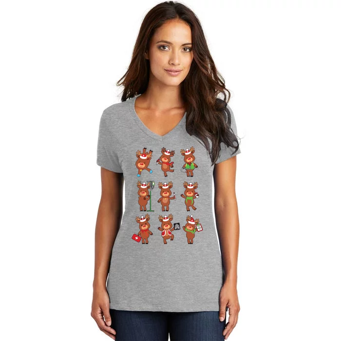 Retro Christmas Nurse Reindeers Xmas Team Group Winter Women Women's V-Neck T-Shirt