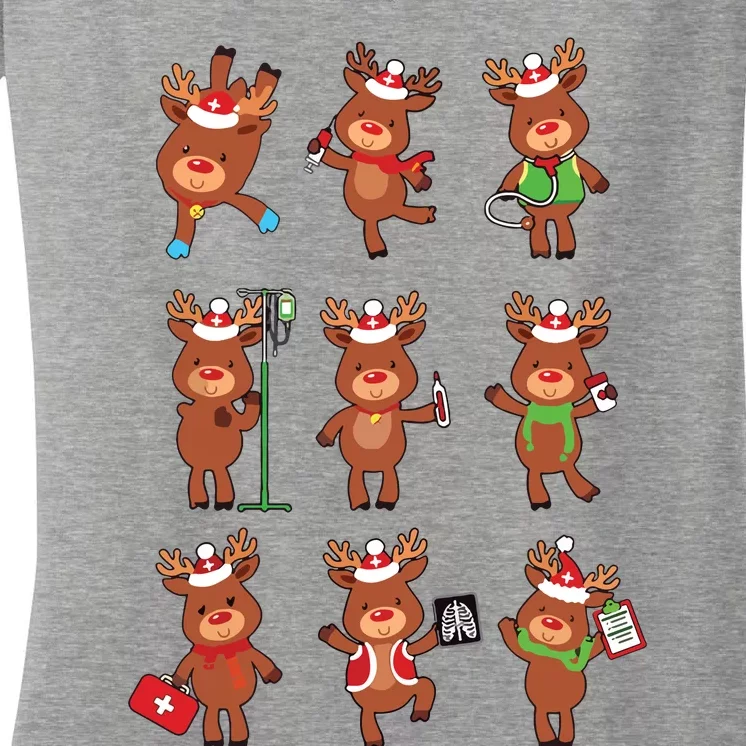 Retro Christmas Nurse Reindeers Xmas Team Group Winter Women Women's V-Neck T-Shirt