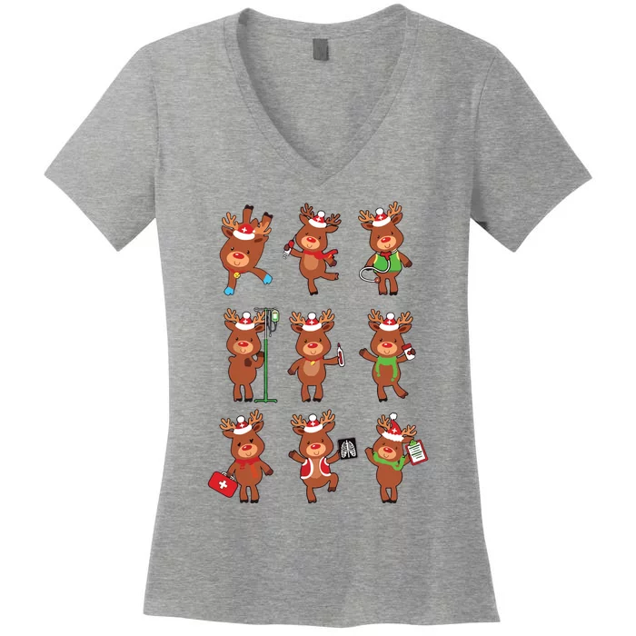 Retro Christmas Nurse Reindeers Xmas Team Group Winter Women Women's V-Neck T-Shirt