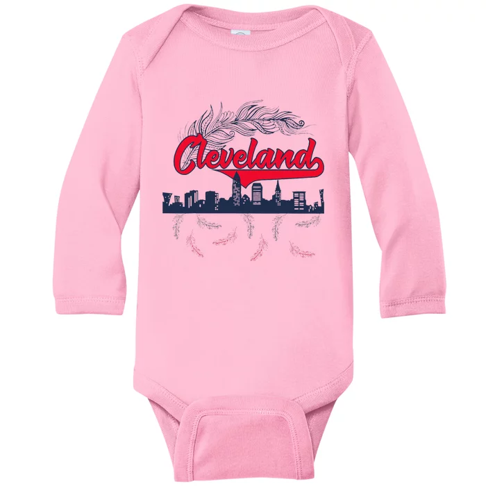 Retro Cleveland Native American Tribe Feathers Gift Baby Long Sleeve Bodysuit