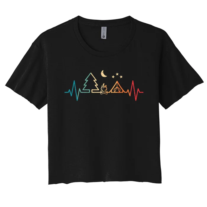 Retro Camping Outdoor Heartbeat Nature Camper Hiking Women's Crop Top Tee