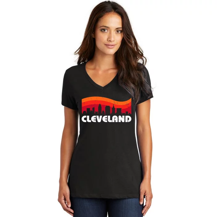 Retro Cleveland Ohio City Skyline Vintage CLE Souvenir Women's V-Neck T-Shirt