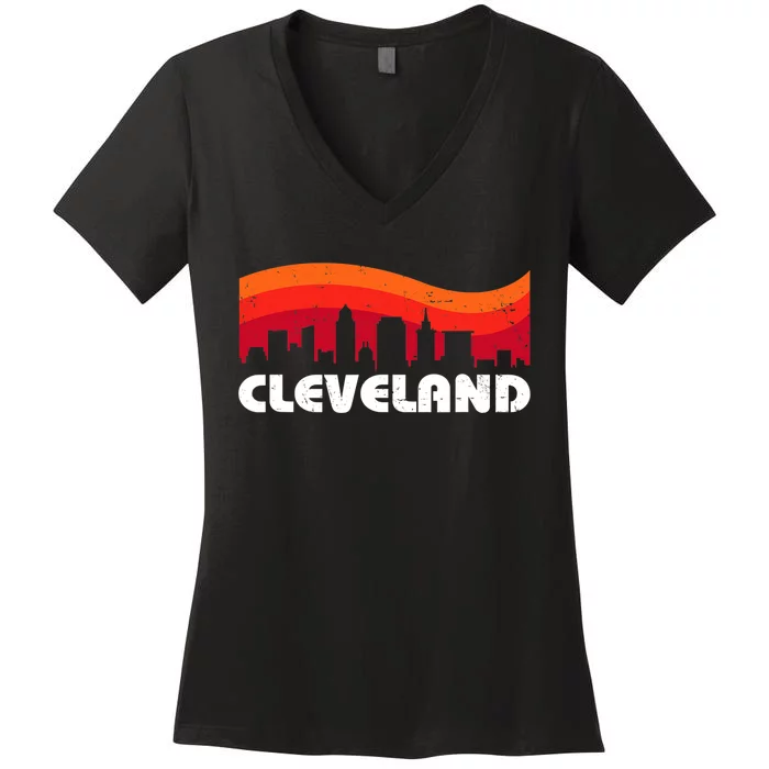 Retro Cleveland Ohio City Skyline Vintage CLE Souvenir Women's V-Neck T-Shirt