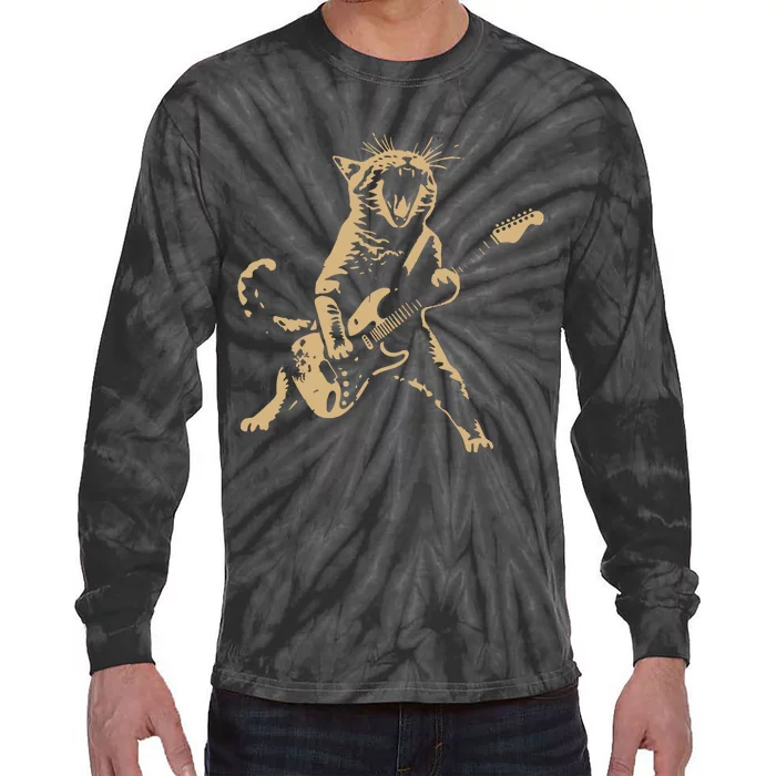 Rock Cat Playing Guitar Tie-Dye Long Sleeve Shirt