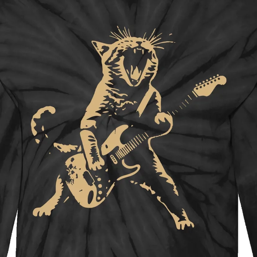 Rock Cat Playing Guitar Tie-Dye Long Sleeve Shirt