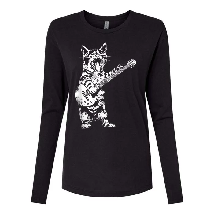 Rock Cat Playing Guitar Funny Guitar Cat Guitarist Womens Cotton Relaxed Long Sleeve T-Shirt