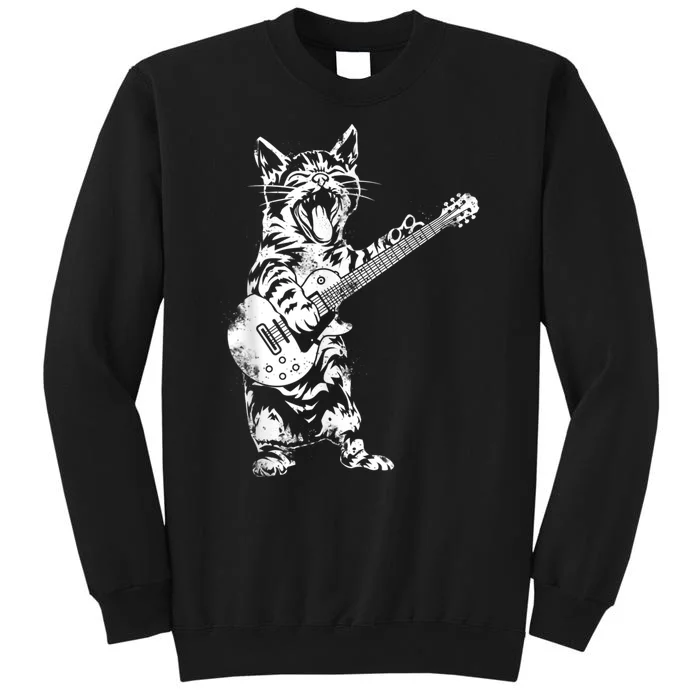 Rock Cat Playing Guitar Funny Guitar Cat Guitarist Tall Sweatshirt