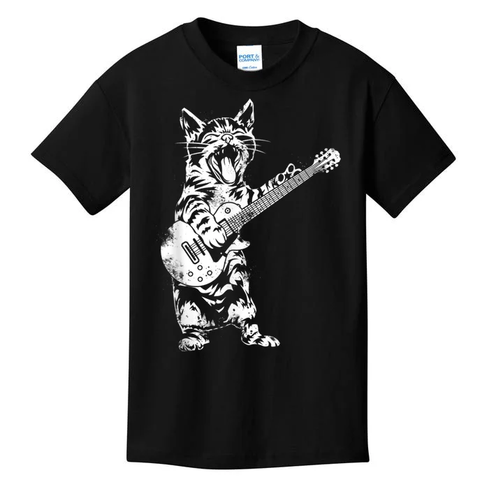 Rock Cat Playing Guitar Funny Guitar Cat Guitarist Kids T-Shirt