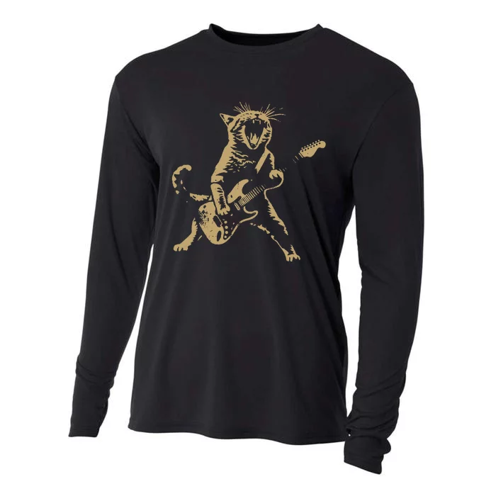 Rock Cat Playing Guitar Funny Guitar Cat Cooling Performance Long Sleeve Crew