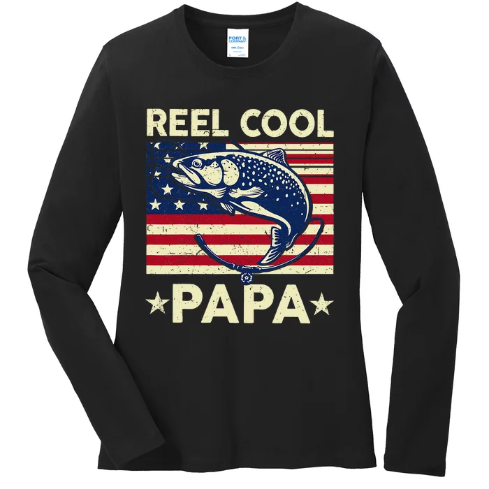 Reel Cool Papa Fathers Day Trout Fishing Gift Dad Grandpa Ladies Long Sleeve Shirt