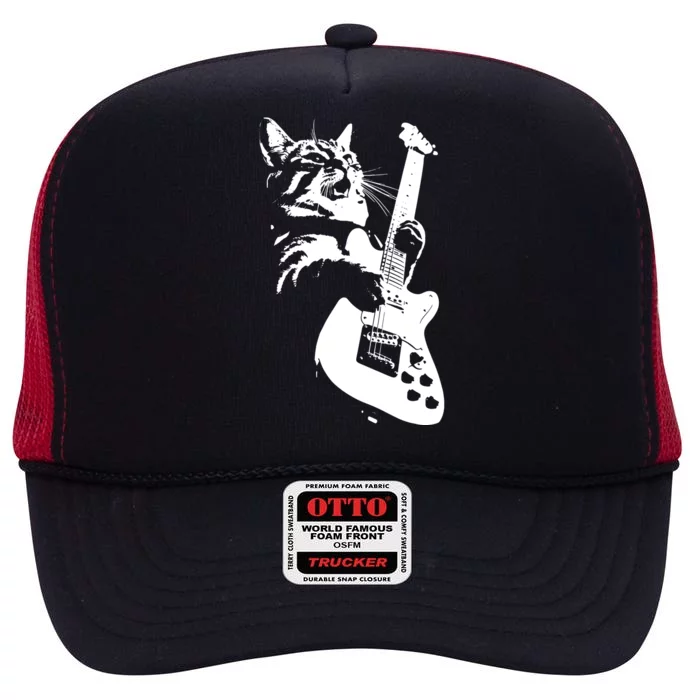 Rock Cat Playing Guitar Funny Guitar Cat High Crown Mesh Trucker Hat