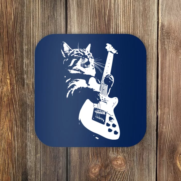 Rock Cat Playing Guitar Funny Guitar Cat Coaster