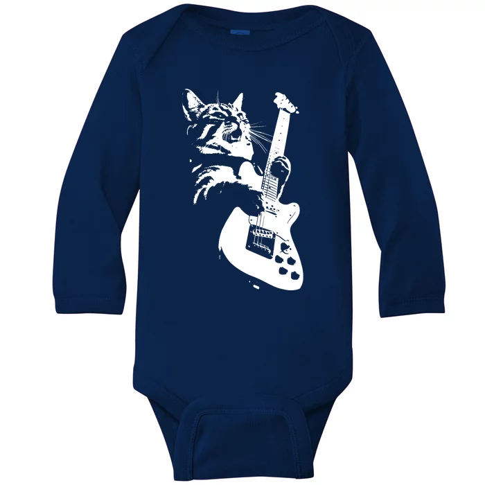 Rock Cat Playing Guitar Funny Guitar Cat Baby Long Sleeve Bodysuit