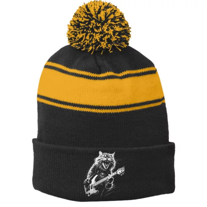 Rock Cat Playing Guitar Woman Funny Guitar Cat Stripe Pom Pom Beanie