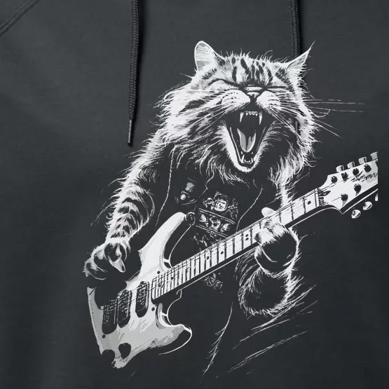 Rock Cat Playing Guitar Woman Funny Guitar Cat Performance Fleece Hoodie