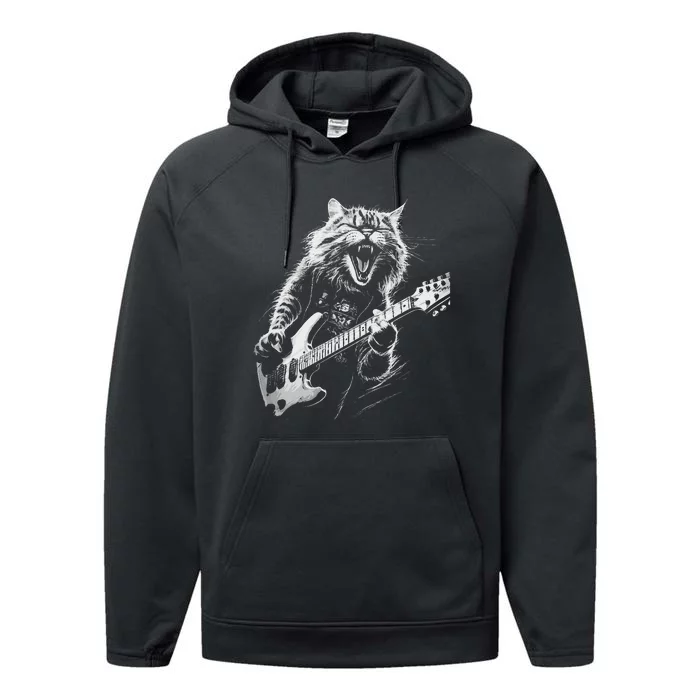 Rock Cat Playing Guitar Woman Funny Guitar Cat Performance Fleece Hoodie