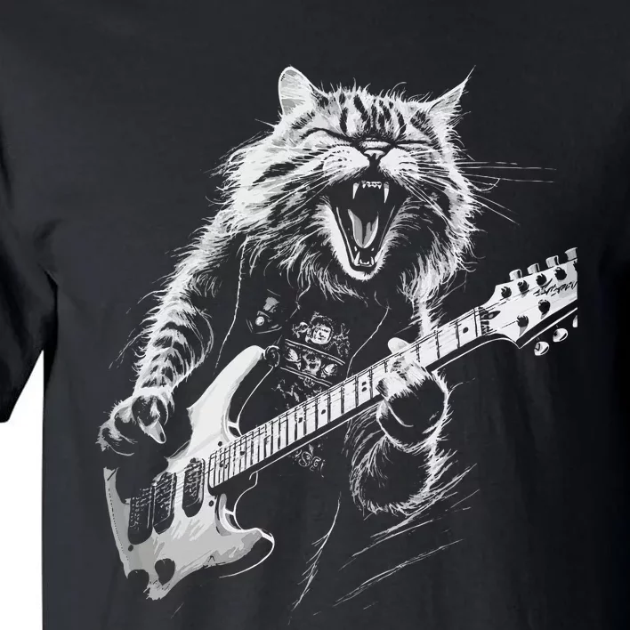 Rock Cat Playing Guitar Woman Funny Guitar Cat Tall T-Shirt