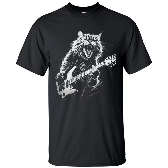 Rock Cat Playing Guitar Woman Funny Guitar Cat Tall T-Shirt