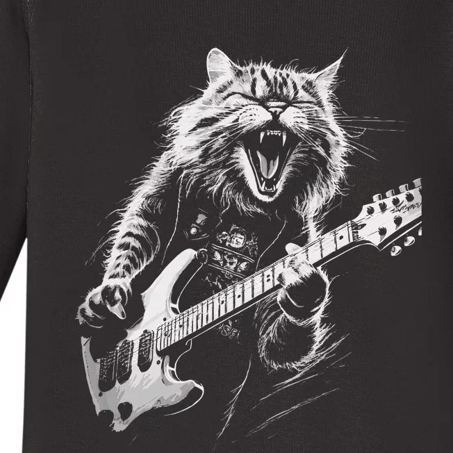 Rock Cat Playing Guitar Woman Funny Guitar Cat Baby Long Sleeve Bodysuit