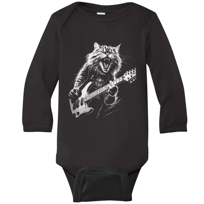 Rock Cat Playing Guitar Woman Funny Guitar Cat Baby Long Sleeve Bodysuit