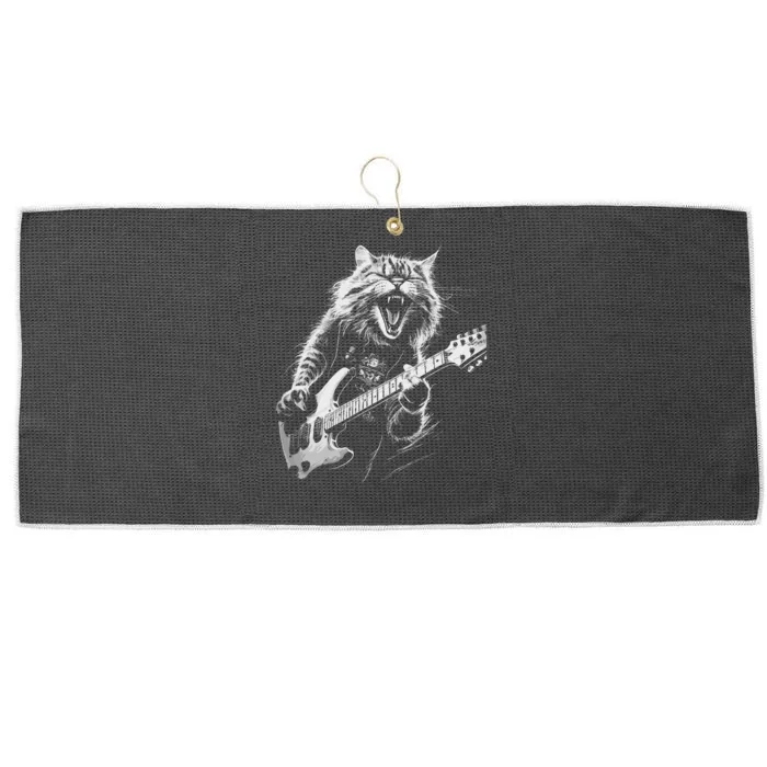 Rock Cat Playing Guitar Woman Funny Guitar Cat Large Microfiber Waffle Golf Towel