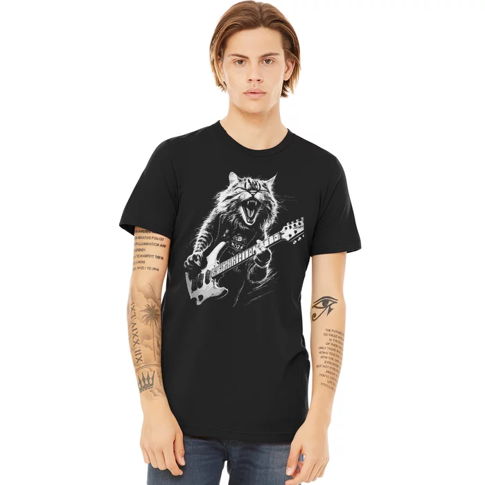 Rock Cat Playing Guitar Woman Funny Guitar Cat Premium T-Shirt