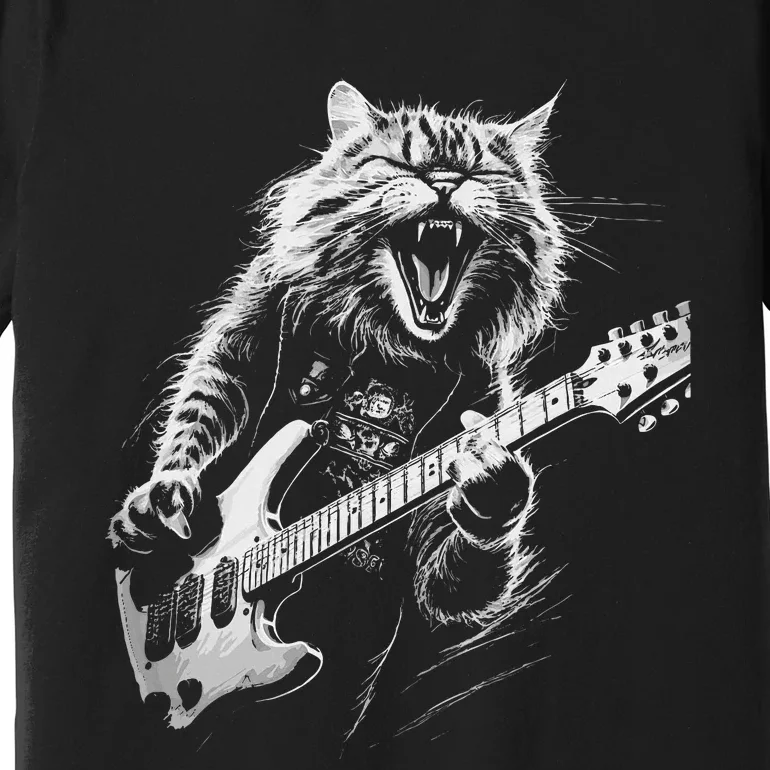 Rock Cat Playing Guitar Woman Funny Guitar Cat Premium T-Shirt