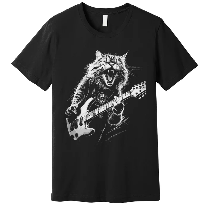 Rock Cat Playing Guitar Woman Funny Guitar Cat Premium T-Shirt