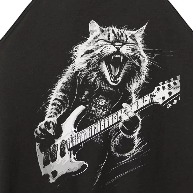 Rock Cat Playing Guitar Woman Funny Guitar Cat Women’s Perfect Tri Rocker Tank